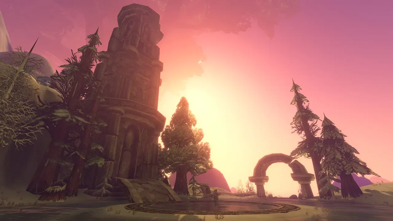 Hyjal Summit’te gün batımında yıkık bir kule ve taş kemer